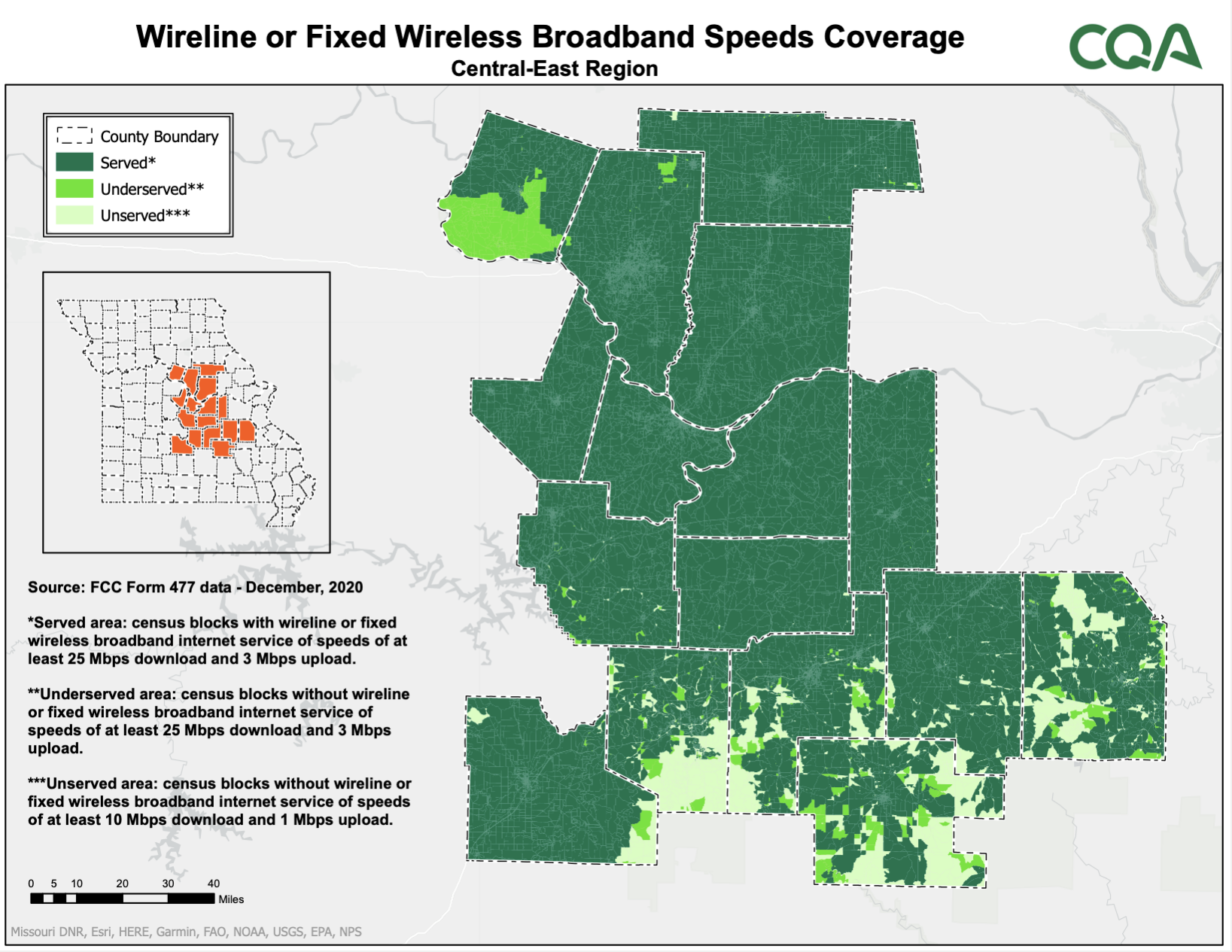 Broadband speed coverage in the Central-East Region of Missouri.